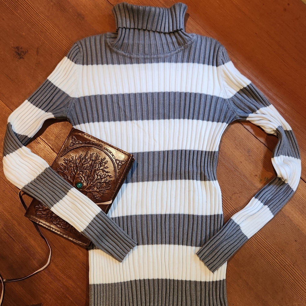 Gray and White Striped Turtleneck Sweater